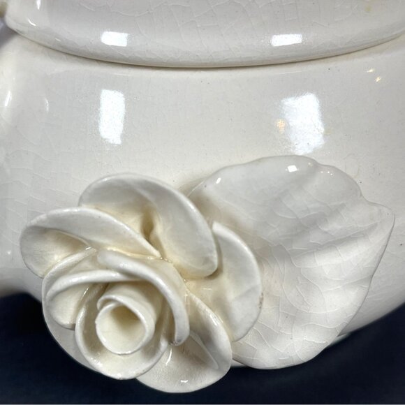 Stacked Ceramic Pottery Teapot Cup Set Paper Windows USA Floral Rose Cream VTG - Picture 4 of 16